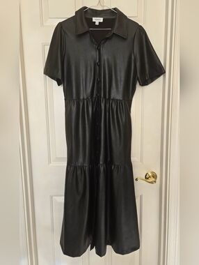 Evereve Black Faux Leather Button-Front Midi Dress